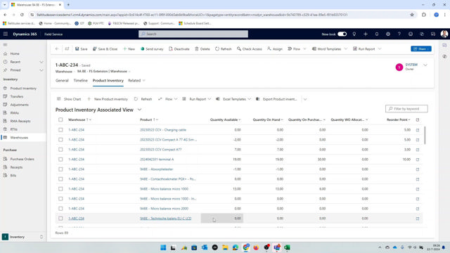 Screenshot of 9A Field Service inventory list